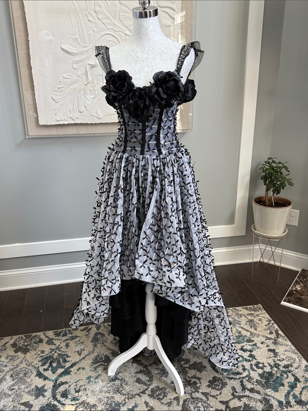 Vintage 90s Elena Collection Giggles Gothic Prom Dress Corset High Low 3D Rose S